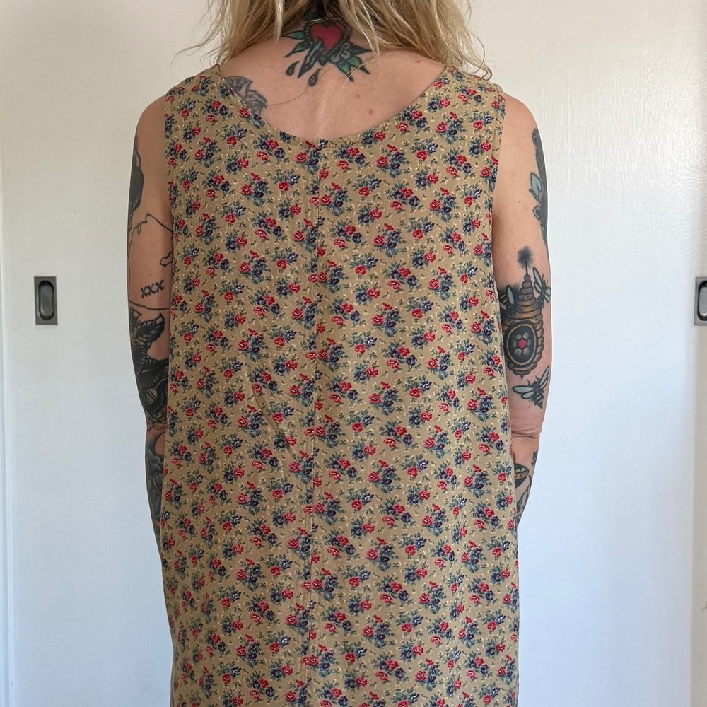 Vintage Erika London Floral Maxi Dress Tan Cotton Blend Large Sleeveless - Picture 3 of 5